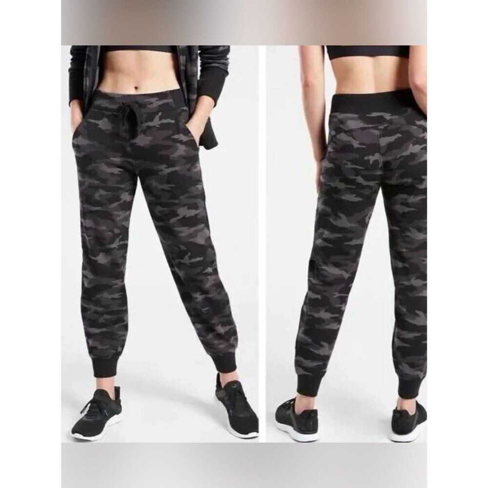 Athleta Black Gray Camo Triumph Jogger Sweatpants Fleece Zip Pocket Large